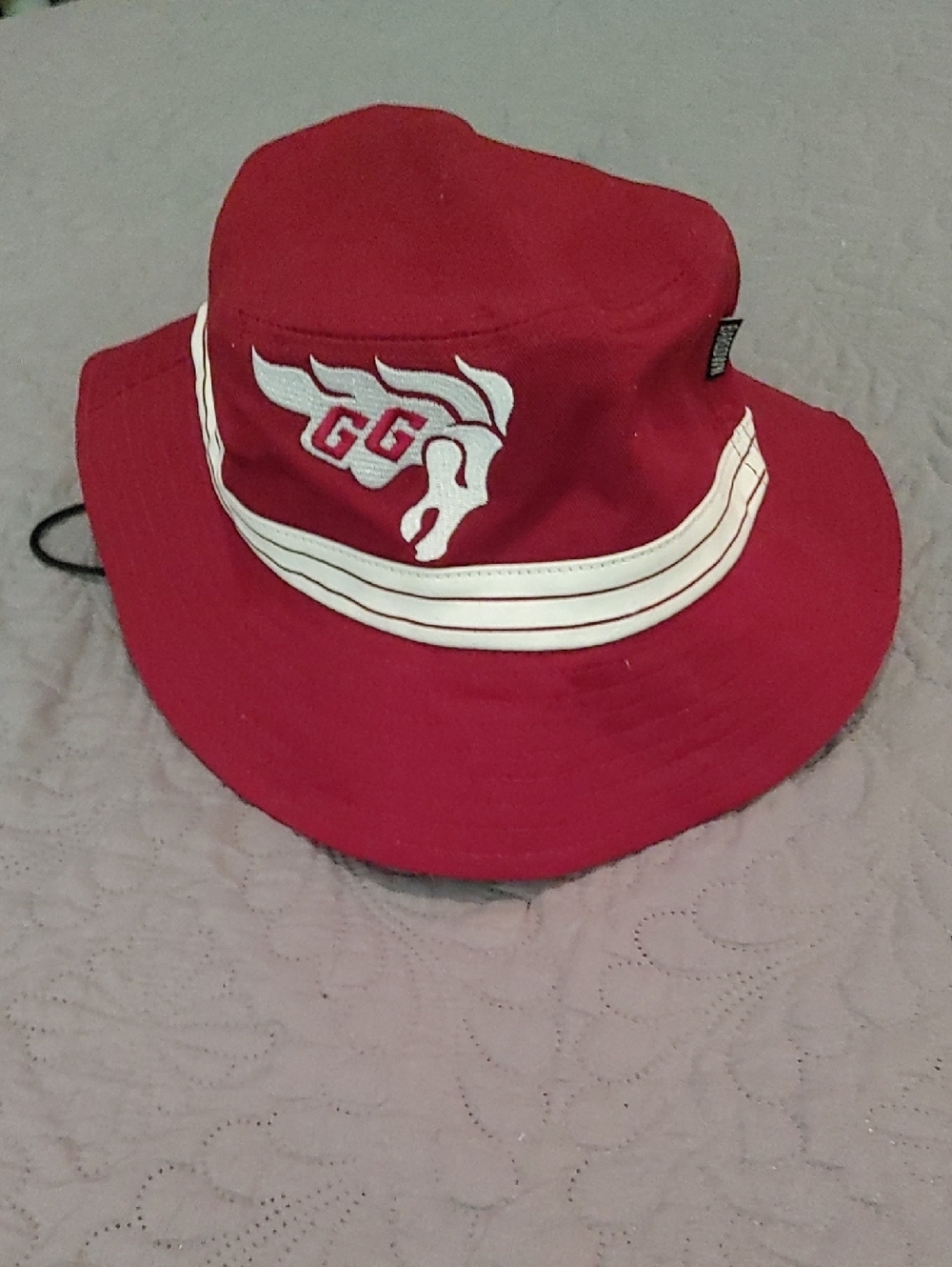 Red Bucket Hat with White Stripe and Logo 22.5 In